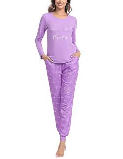 Sykooria Schlafanzug Damen Lang aus Baumwolle Langarm V-Ausschnitt Kontrastkante Design Zweiteilige Pyjama Damen Set Oberteile & Pyjamahosen, A-Violett, S von Sykooria