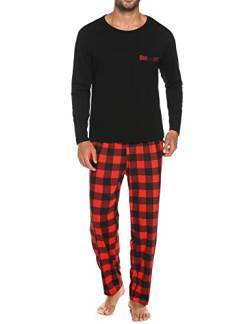 Sykooria Schlafanzug Herren Lang mit Bündchen Zweiteiliger Karierter Pyjama Set, Langarm Shirt & Schlafanzughose aus Baumwolle, D-Rot+schwarz, XXL von Sykooria