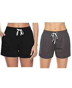 Sykooria Schlafanzughose Damen Kurz Pyjamahose Sporthose Kurz Sommer High Waist Kurze Hosen Nachtwäsche Shorts aus Baumwolle mit Taschen für Schlaf Sport Yoga, Schwarz+Dunkelgrau, XL von Sykooria