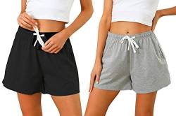 Sykooria Schlafanzughose Damen Kurz Pyjamahose Sporthose Kurz Sommer High Waist Kurze Hosen Nachtwäsche Shorts aus Baumwolle mit Taschen für Schlaf Sport Yoga, Schwarz+Grau, S von Sykooria