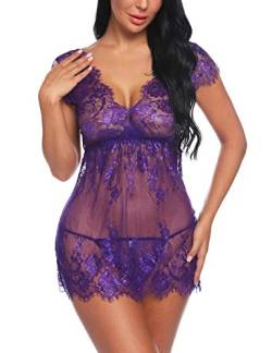 Sykooria Sexy Dessous Damen Babydoll Reizwäsche Nachthemd Kurz Damen Unterwäsche Sexy Set Negligee Lingerie V-Ausschnitt Transluzente Spitze Sleepwear Kleid mit Tanga Valentinstag, Lila, M von Sykooria