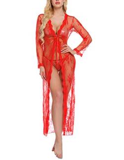 Sykooria Sexy Dessous Damen V-Ausschnitt Transluzente Spitze Kimono Reizwäsche Nachthemd Unterwäsche Sexy Set Negligee Sleepwear Kleid mit Tanga, Rot L von Sykooria