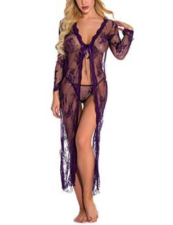 Sykooria Sexy Dessous Damen V-Ausschnitt Transluzente Spitze Kimono Reizwäsche Nachthemd Unterwäsche Sexy Set Negligee Sleepwear Kleid mit Tanga, Violett S von Sykooria