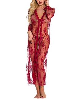 Sykooria Sexy Dessous Damen V-Ausschnitt Transluzente Spitze Kimono Reizwäsche Nachthemd Unterwäsche Sexy Set Negligee Sleepwear Kleid mit Tanga, Weinrot XXL von Sykooria