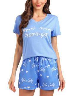 Sykooria Sommer Pyjama Damen Kurz, Zweiteilige Schlafanzug Damen Kurz Baumwolle Nachtwäsche Damen Pyjama Set Shirt & Shorts, 944-Blau, S von Sykooria