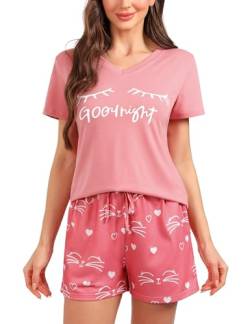 Sykooria Sommer Pyjama Damen Kurz, Zweiteilige Schlafanzug Damen Kurz Baumwolle Nachtwäsche Damen Pyjama Set Shirt & Shorts, 944-Rosa, L von Sykooria