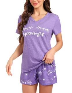 Sykooria Sommer Pyjama Damen Kurz, Zweiteilige Schlafanzug Damen Kurz Baumwolle Nachtwäsche Damen Pyjama Set Shirt & Shorts, 944-Violett, XL von Sykooria