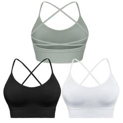 Sykooria Sport BH Damen Gepolstert Bustier Damen BH ohne Buegel Spaghettiträger Cross Back Design Push up BH Sport Bra Top für Yoga Fitness, 295-3pcs (Schwarz+Weiß+Grün), XL von Sykooria