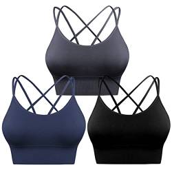 Sykooria Sport BH Damen Gepolstert Bustier Damen BH ohne Buegel Spaghettiträger Cross Back Design Push up BH Sport Bra Top für Yoga Fitness, Schwarz+Dunkelgrau+Dunkelblau, S von Sykooria