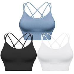 Sykooria Sport BH Damen Gepolstert Bustier Damen BH ohne Buegel Spaghettiträger Cross Back Design Push up BH Sport Bra Top für Yoga Fitness, Schwarz+Hellblau+Weiß S von Sykooria