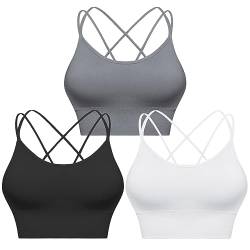 Sykooria Sport BH Damen Gepolstert Bustier Damen BH ohne Buegel Spaghettiträger Cross Back Design Push up BH Sport Bra Top für Yoga Fitness, Schwarz+Weiß+Hellgrau, M von Sykooria