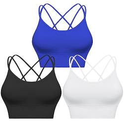 Sykooria Sport BH Damen Gepolstert Bustier Damen BH ohne Buegel Spaghettiträger Cross Back Design Push up BH Sport Bra Top für Yoga Fitness, Schwarz+Weiß+Saphirblau, M von Sykooria