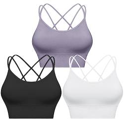 Sykooria Sport BH Damen Gepolstert Bustier Damen BH ohne Buegel Spaghettiträger Cross Back Design Push up BH Sport Bra Top für Yoga Fitness, Schwarz+Weiß+Violett S von Sykooria