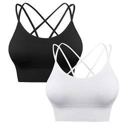 Sykooria Sport BH Damen Gepolstert Bustier Damen BH ohne Buegel Spaghettiträger Cross Back Design Push up BH Sport Bra Top für Yoga Fitness, Schwarz+Weiß, L von Sykooria