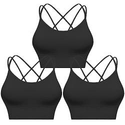 Sykooria Sport BH Damen Gepolstert Bustier Damen BH ohne Buegel Spaghettiträger Cross Back Design Push up BH Sport Bra Top für Yoga Fitness, Schwarz 3 PCS L von Sykooria