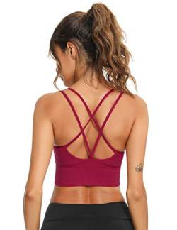 Sykooria Sport BH Damen Gepolstert Bustier Damen BH ohne Buegel Spaghettiträger Cross Back Design Push up BH Sport Bra Top für Yoga Fitness, Weinrot XL von Sykooria