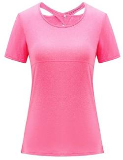 Sykooria Sport T-Shirt Damen Kurzarm Leicht Laufshirt Atmungsaktive Fitnessshirt Rundhals Sportshirt Gym Funktionsshirt Yoga Shirt Tops, Pink L von Sykooria