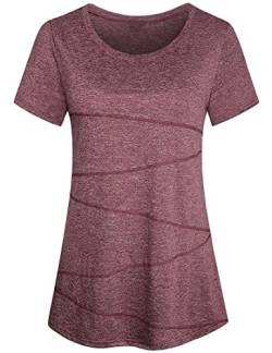 Sykooria Sportshirt Damen Kurzarm Fitness T-Shirt Atmungsaktiv Funktionsshirt Laufshirt Rundhals Leicht Tshirt Gym Oberteile Tops Regular Fit, Weinrot XL von Sykooria