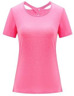 Sykooria Sportshirt Damen Kurzarm Sport Fitness T-Shirt Laufshirt Yoga T Shirt Frauen Funktionsshirt Atmungsaktives Trainingsshirt für Trekking Gym, Pink 3XL von Sykooria