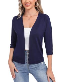 Sykooria Strickjacke Damen Offene Leichte Cardigan 3/4 Ärmel Bolero Jäckchen Festlich Sommer Open Front Kurzjacke Stricken Bolerojacke,Dunkelblau S von Sykooria