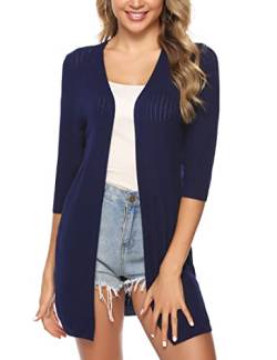 Sykooria Strickjacke Damen Sommer Lang Casual 3/4 Ärmel Leichte Cardigan Elegant Drapierte Strickjacken Dünne Strick Cardigan,Marine L von Sykooria