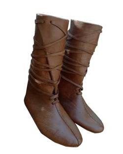 Herren Renaissance Mittelalter Cosplay Halloween Stiefel Kunstleder kniehoch Schnürschuhe Vintage Bühne Pirat Wikinger gebundene Schuhe, dunkelbraun, 46 EU von Syktkmx