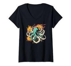 Damen Helden-Ocotopus-Design T-Shirt mit V-Ausschnitt von Synthwaive