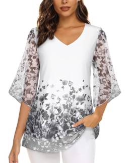 Syphiby Damen-Bluse mit Rüschenärmeln und V-Ausschnitt, elastisches Netzgewebe, locker, fließender Tunika-Top, Violett - Midnight Purple, XXX-Large von Syphiby