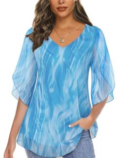 Syphiby Damen-Bluse mit Rüschenärmeln und V-Ausschnitt, elastisches Netzgewebe, locker, fließender Tunika-Top, blau, 48 von Syphiby