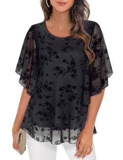 Syphiby Damen Blusen Rüschen 3/4 Ärmel Mesh Damen Tops Chiffon Doppellagige Tunika Tops Lose Flowy Shirts, Schwarz , Large von Syphiby