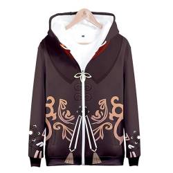 Herren Damen 3D Druck Hoodie HuTao Sweatjacke Cardigan Kapuzenpullover mit Reißverschluss Cosplay Kostüm Braun S (Chest 98cm) von Syqiya