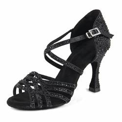 Syrads Frauen Peep Toe Cross Strap Strass Tango Social Ballsaal Latein Tanzschuhe Hochzeitsfeier Tanzschuhe,Schwarz 9cm Heel,39 EU von Syrads