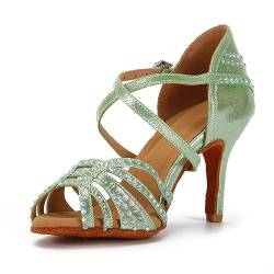 Syrads Tanzschuhe für lateinamerikanische Frauen Salsa-Tanzschuhe glitzernde Strasssteine professionelle Tanzschuhe für Ballsaal weicher Boden,Grün 8.5cm Heel,39 EU von Syrads