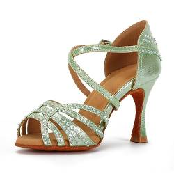 Syrads Tanzschuhe für lateinamerikanische Frauen Salsa-Tanzschuhe glitzernde Strasssteine professionelle Tanzschuhe für Ballsaal weicher Boden,Grün 9cm Heel,37 EU von Syrads