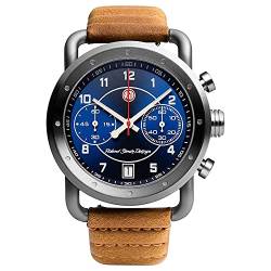 Roland Sands ICON Stahl Quarz Schwarz Leder IP Gun Blau Datum Braun Vintage Herren Uhr von Szanto