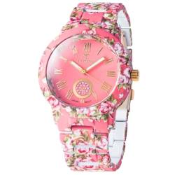Temptation - Damen Armbanduhr in Korall-Pink, mit Rosenblüten, weiß-goldene Zeiger, Goldfarbene Zahlen, Frauen Uhr - Edelstahlgehäuse, gummierte Oberfläche, ∅ 40 mm von T TEMPTATION