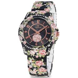 Temptation - Damen Armbanduhr in Schwarz, mit Rosenblüten, Zeiger & Zahlen in Roségold, Frauen Uhr - Edelstahlgehäuse mit Glitzersteinchen, gummierte Oberfläche, ∅ 40 mm von T TEMPTATION