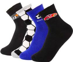 T&R Industrees Socken für Jungen | Strümpfe - Kindersocken mit verschiedenen Motiven | Fußball – Auto - Sport Mix | 4 Paar im Multipack | 31-34 von T&R Industrees