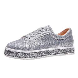 Damen Glitzer Casual Sneaker Low-Top Slipper Halbschuhe Sportlich Wedge Slip On Walking Outdoor Gym Freizeitschuhe Turnschuhe Freizeit Trainer Wanderschuhe Sportschuhe Schuhe (Silber, 37) von T-