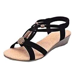 Damen Roman Sandalen Wedge, Women Sommer Bohemian Sandals mit Perlen Slippers Sandaletten Open Toe Riemchensandale Sommerschuhe Strandsandalen Schuhe Sandaletten (Schwarz, 37) von T-