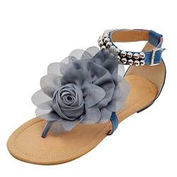 Sandalen Damen Bohemian Shoes mit Blume Flats Sommer Outdoor Riemchensandalen Frauen Gladiator Sandalen Riemchen Sandale Freizeitschuhe Sommerschuhe Strandsandale (Blau, 37) von T-