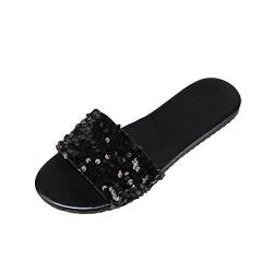 Sandalen Damen Bohemian Shoes mit Strass Flat Sommer Indoor Outdoor Women Beach Peep Toe Gladiator Sandalen Riemchen Sandale Freizeitschuhe Sommerschuhe Strandsandale (Schwarz, 37) von T-