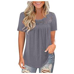 Spitze Patchwork Bluse Top Damen Kurzarm Weste Tank Tops mit Flower Spitze Oberteile Women Sexy Rundhals Shirt Basic Hemd T-Shirt Fitness Sport Tunika Blouse Tops Unterhemd (Grau, S) von T-