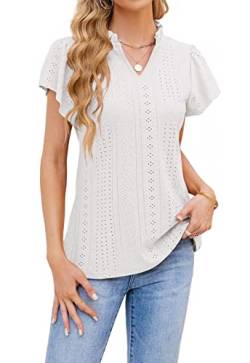 T1FE 1SFE Shirt Damen Sommer V-Ausschnitt Rüschenärmel Elegant Schick Modern Bluse Weiß L von T1FE 1SFE