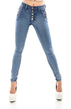 TA Fashion Damen High Waist Jeans Skinny Slim FIt Stretch Denim Hose Röhrenjeans Knopfleiste (as3, Alpha, m, Regular, Regular, Dark Blue Washed-872-3) von TA Fashion