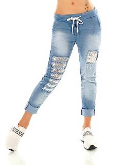 TA Fashion Damen Hose Jeans Look Jogpants Baggy Boyfriend Freizeit Pailletten Risse & Fetzen Optik (Blau) von TA Fashion