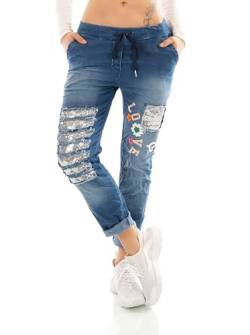 TA Fashion Damen Hose Jeans Look Jogpants Baggy Boyfriend Freizeit Pailletten Risse & Fetzen Optik (Dunkelblau mit Love) von TA Fashion