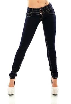 TA Fashion Damen Hüft Jeans Skinny Slim Fit Stretch Raw Unwashed Hose Röhrenjeans Kontrastnähte (as3, Alpha, m, Regular, Regular, Blau-250) von TA Fashion