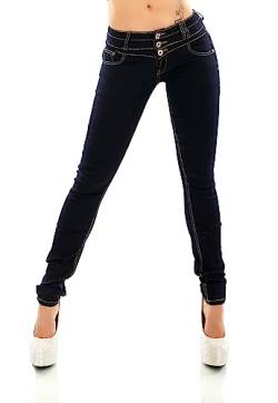 TA Fashion Damen Hüft Jeans Skinny Slim Fit Stretch Raw Unwashed Hose Röhrenjeans Kontrastnähte (as3, Alpha, s, Regular, Regular, Blau-250) von TA Fashion