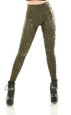 TA Fashion Damen Leggings Leggins Wet Look Leder Kunstleder Optik Thermo Hose Camouflage Reptil Muster (as3, Alpha, m, l, Regular, Regular, Camouflage-Grün-230) von TA Fashion